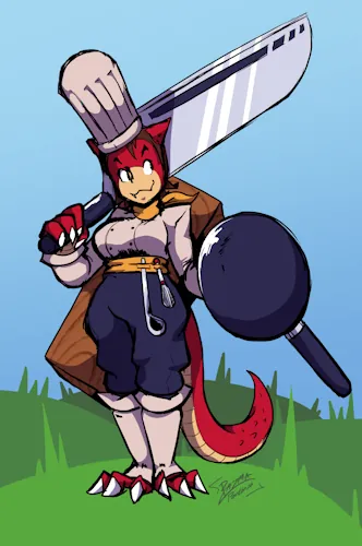 Very short chef woman standing on a hill with a huge chef knife over her shoulder. She has a frying pan shield in the other hand, and a big knife box as a sheath over her shoulder. Also red, has kobold claws, horns, and a tail.